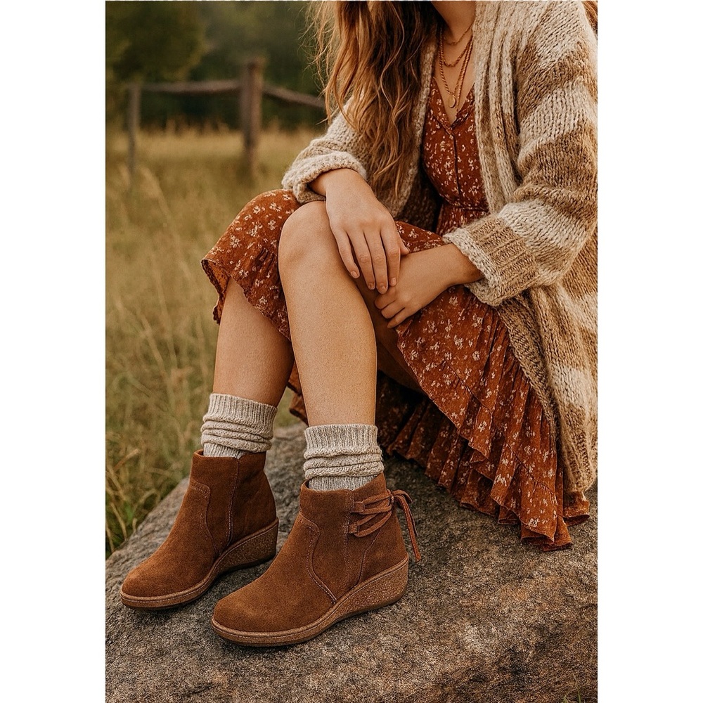 BORN | Viana Leather Wedge Bootie in Distressed Brown | Sz 7 - Picture 2 of 14